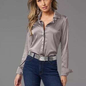 BOSTON PROPER - Sophia Button-Up Charmeuse Blouse in Ash